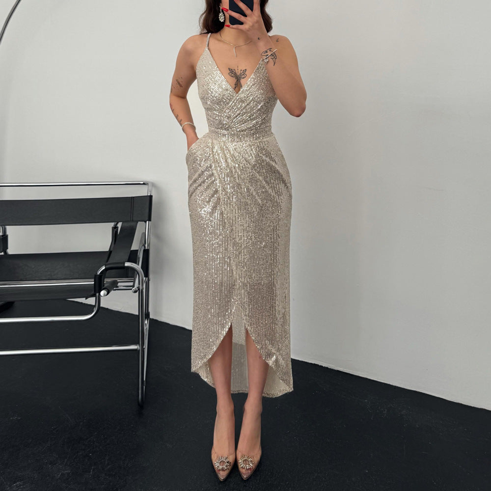 Dame Elegant Funktionskjole med skinnende paljettstof og dyb V-udskæring Stilla