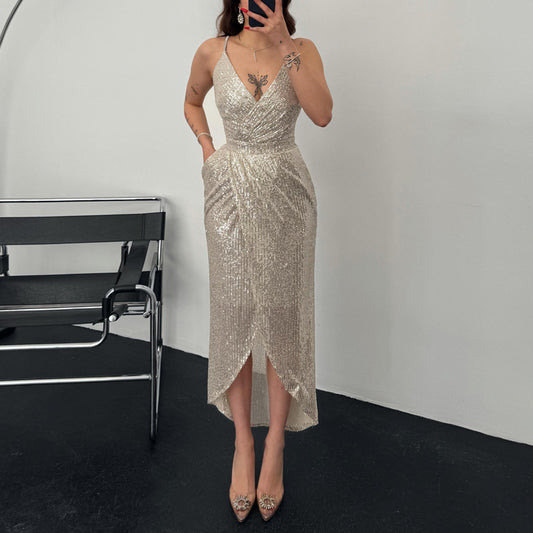 Dame Elegant Funktionskjole med skinnende paljettstof og dyb V-udskæring Stilla