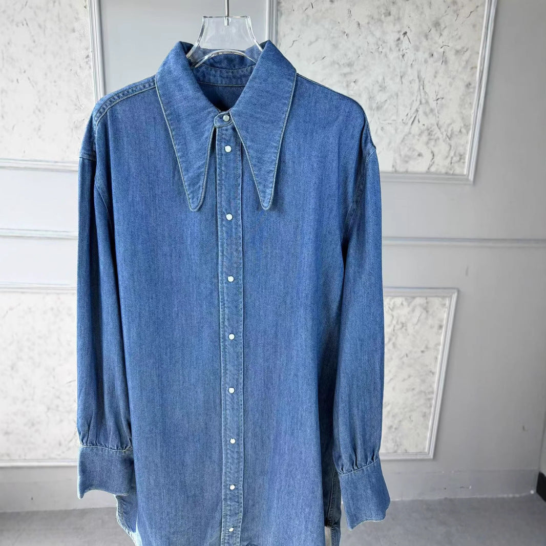 Dame Denim Bluse med klassisk krave og oversized pasform Stilla