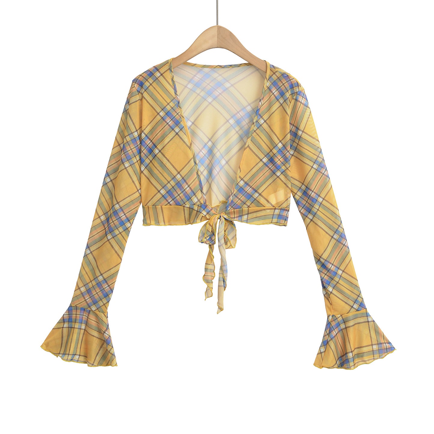 Dame cropped bluse i ternet design med bindedetalje og udvidede ærmer Stilla