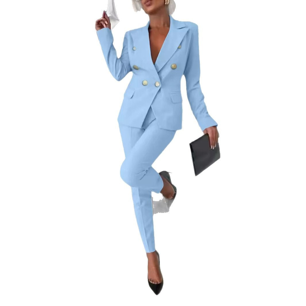 Dame elegant figursyet to-delt sæt med dobbelt knaplukning og fashionable detaljer Stilla