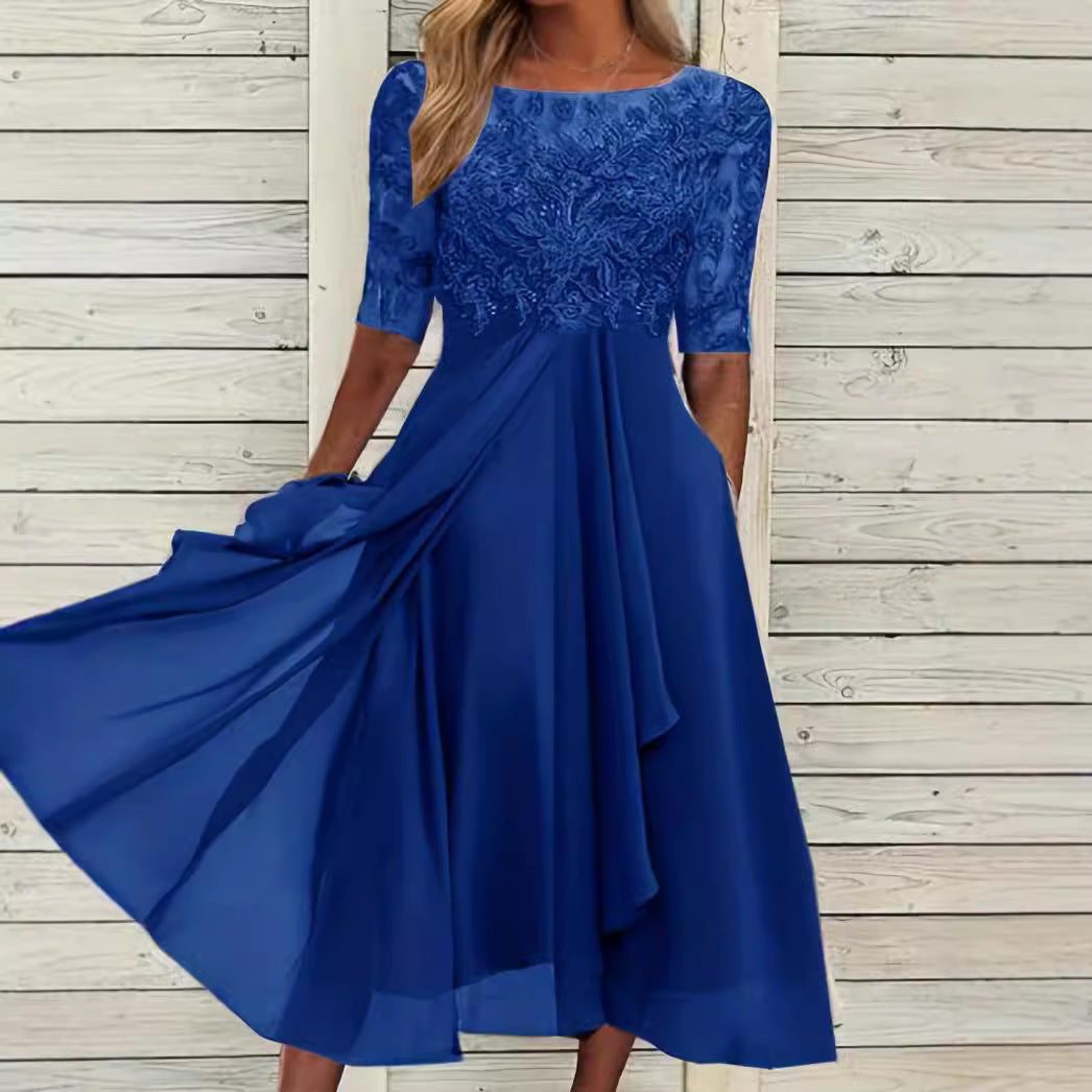 Dame Elegant Chiffon Aftenkjole med detaljeret Blondebroderi Stilla