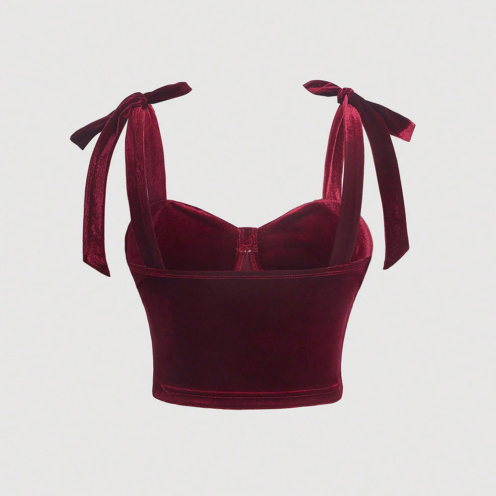 Dame Cropped Top i fløjlsagtigt materiale med dekorativ snørebånd Stilla