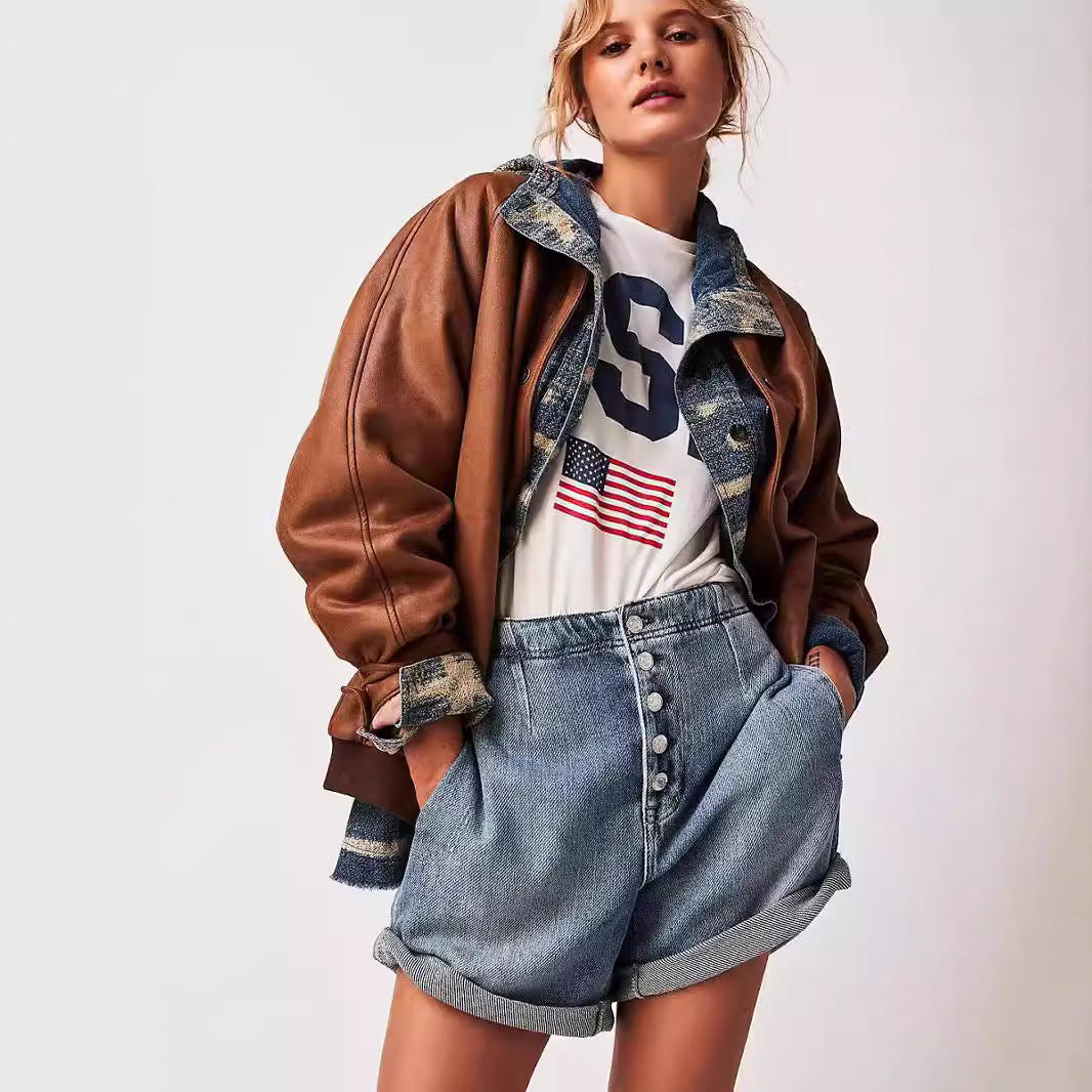 Dame cropped jeansjakke med lagdelt flannelfor Stilla