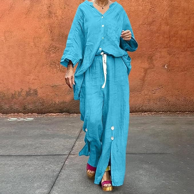 Dame afslappet linned sæt med knaplukning og løs pasform Stilla