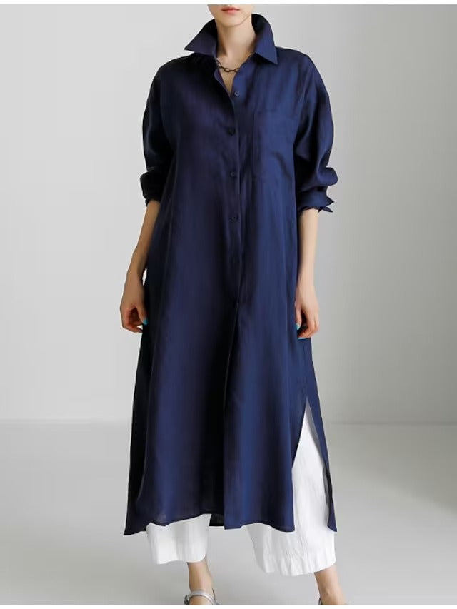 Dame Oversized Skjortekjole med side Slids og fin Linnedstruktur Stilla