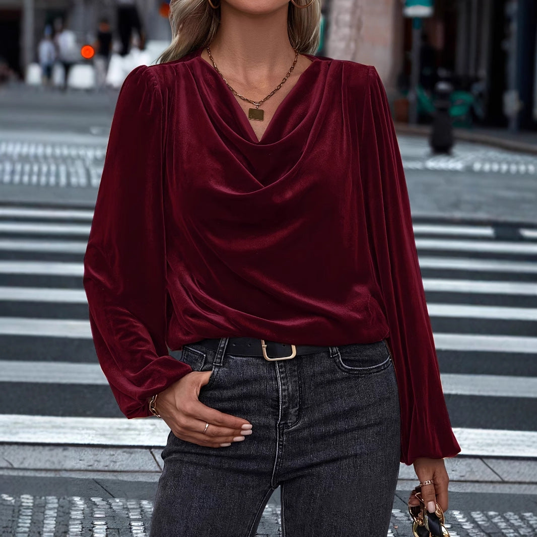 Dame elegant bluse med draperet udskæring og ballonærmer Stilla