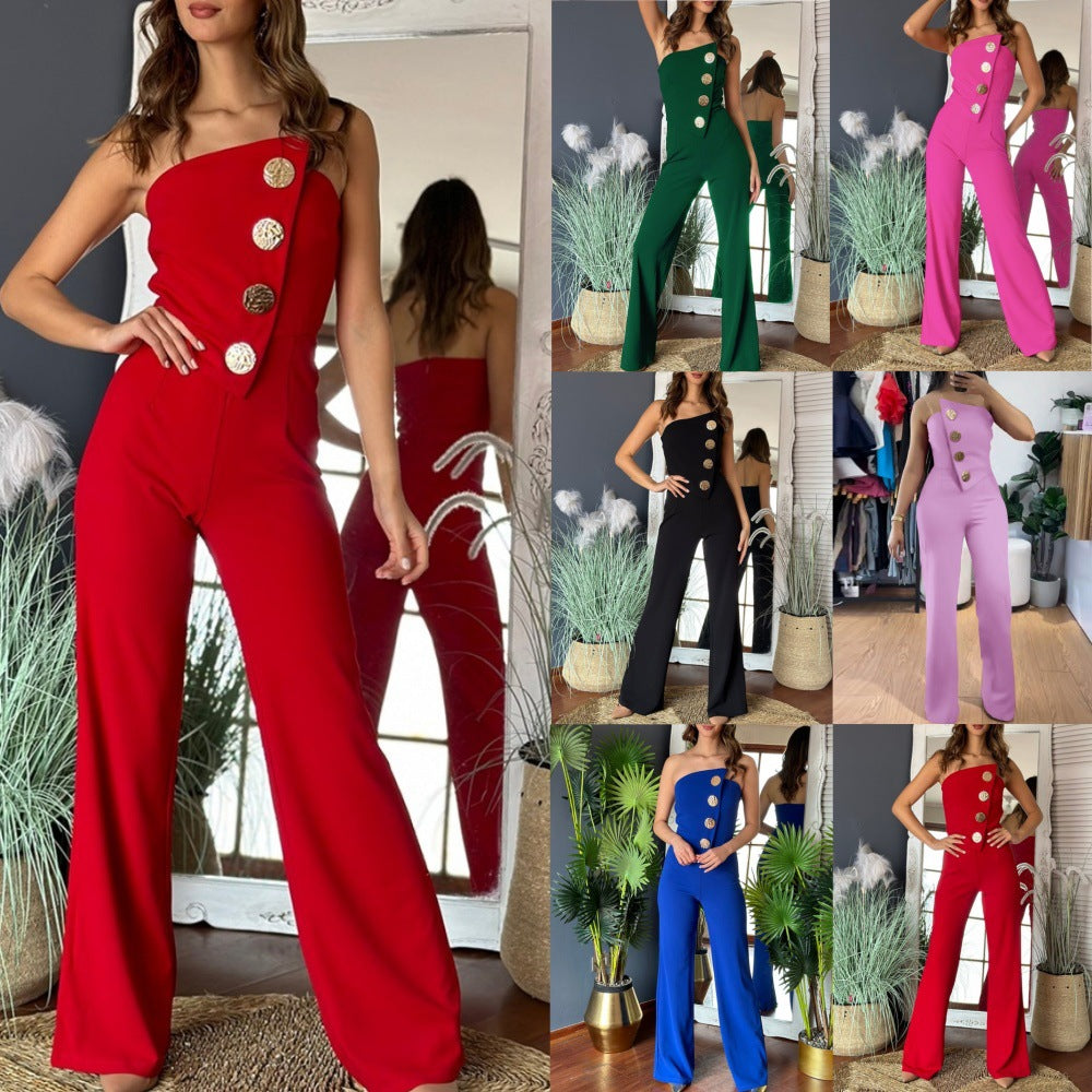 Dame Elegant skåret Jumpsuit med asymmetrisk overdel og gyldne knapdetaljer Stilla