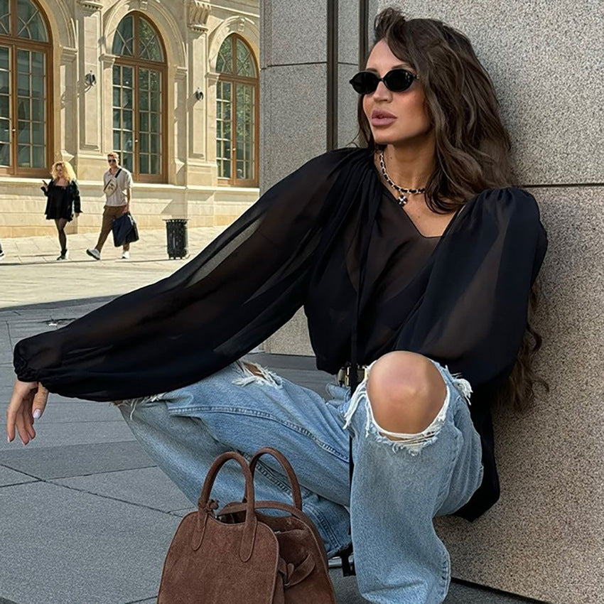 Dame elegant bluse med voluminøse ærmer og V-udskæring Stilla