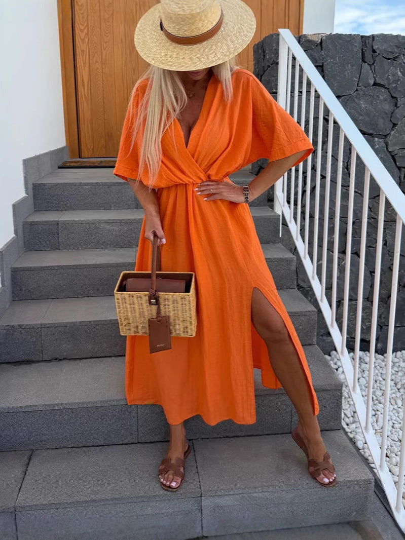 Dame afslappet maxikjole med viklelook og sideslids Stilla