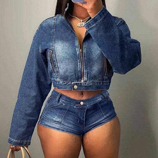 Dame Denim Crop Jakke med High-Waist Shorts Stilla