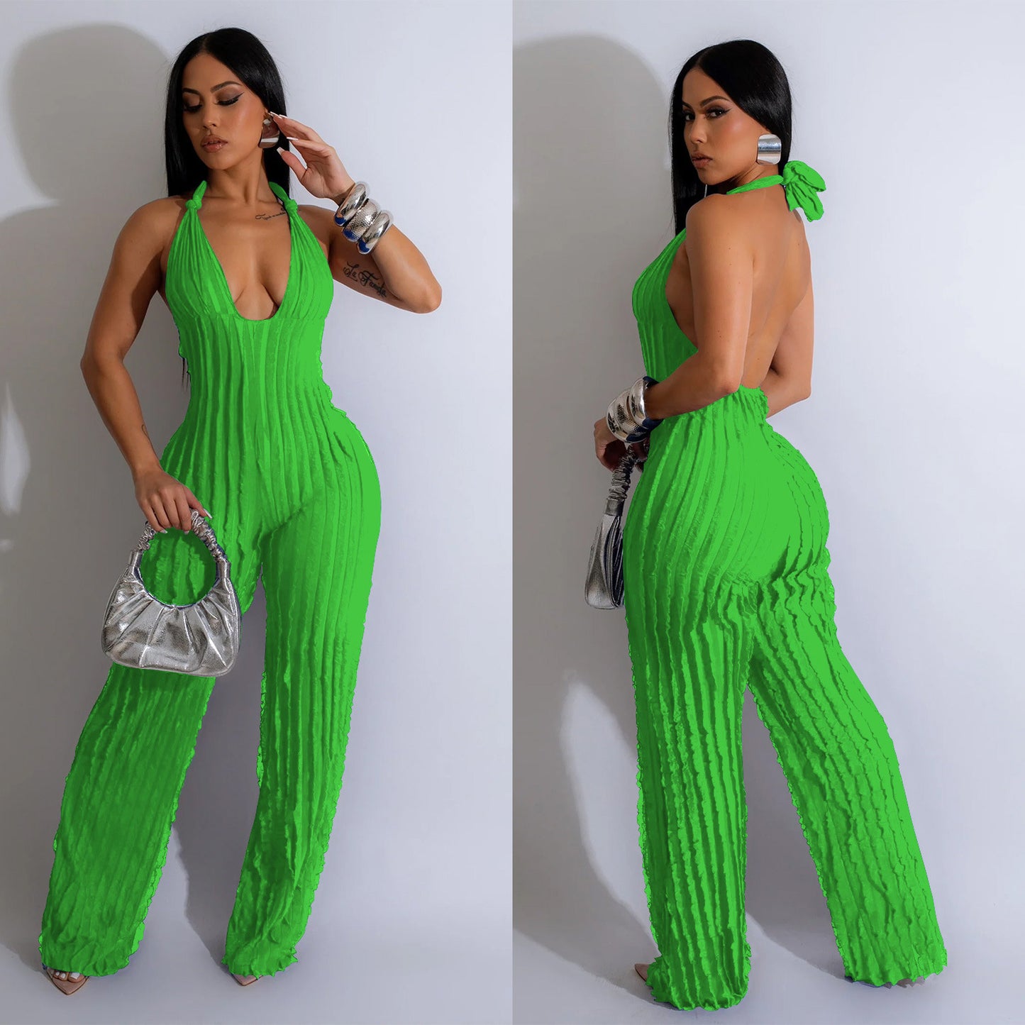 Dame Elegant Jumpsuit med dyb V-udskæring og plisserede detaljer Stilla