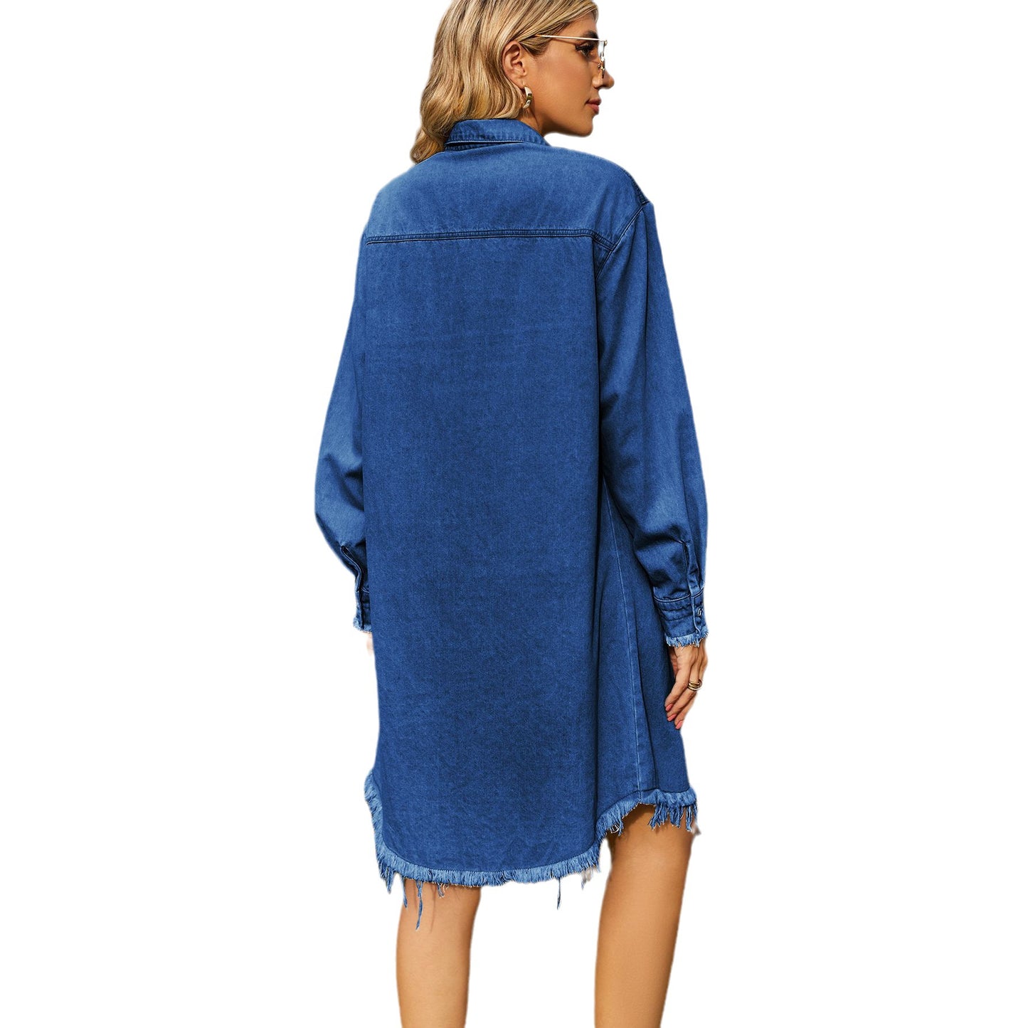 Dame Denim Skjorte Kjole med Bælte og Frynse Detaljer Stilla