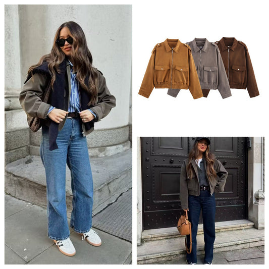 Dame afslappet kunstlæder bomberjakke med praktiske lommer Stilla