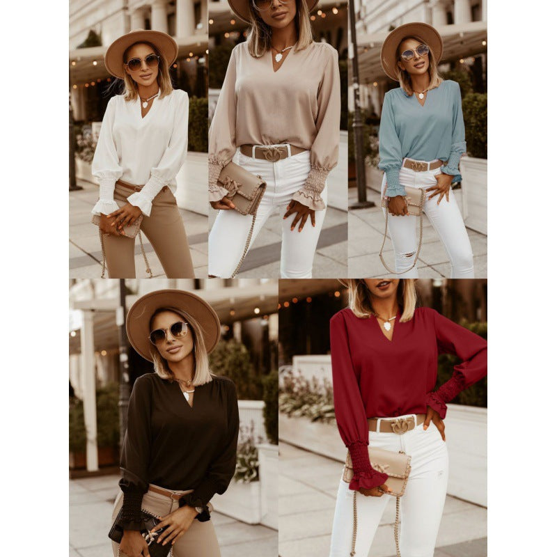 Dame elegant bluse med V-udskæring og rynkedetaljer Stilla