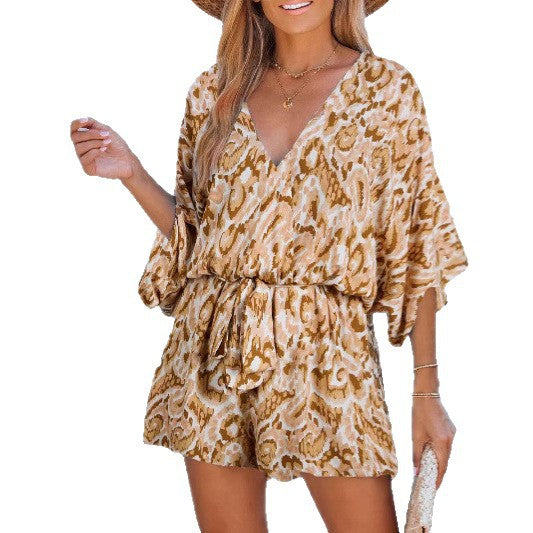 Dame afslappet kort overall med V-hals og bindebånd Stilla