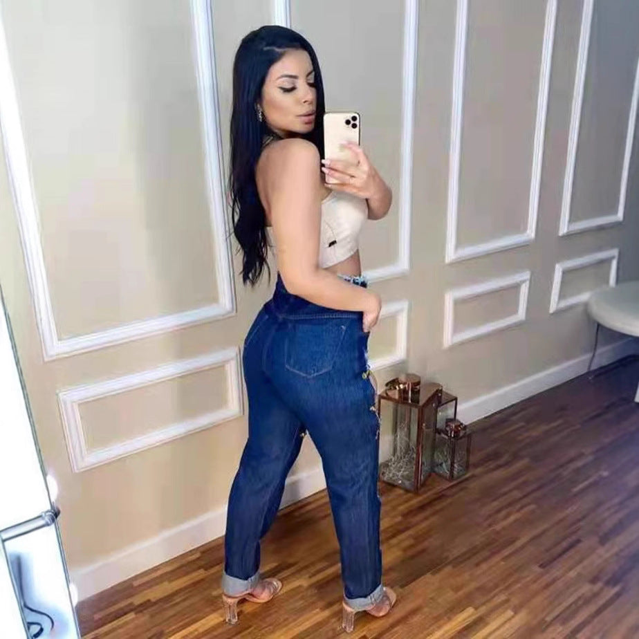 Dame Destroyed Jeans med trendy Cut-Outs og kædedetaljer Stilla