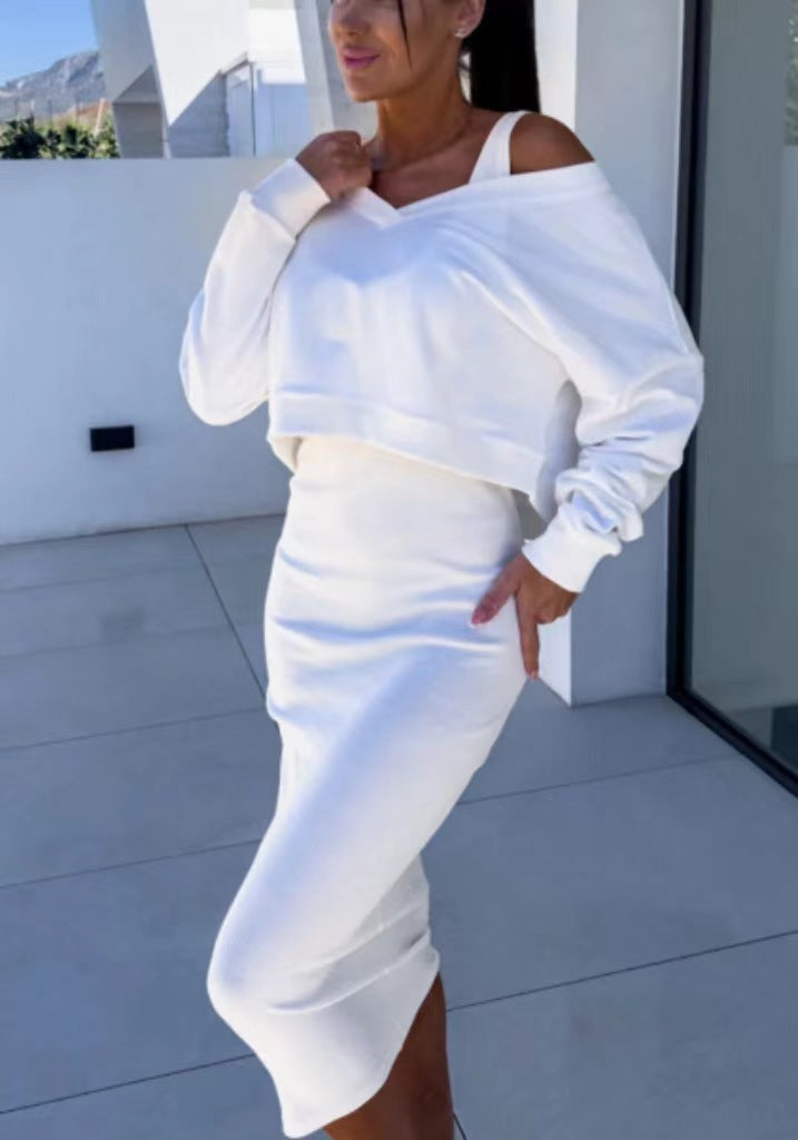 Dame Cut-Out Sweatshirt og Bleistiftrock Sæt Stilla