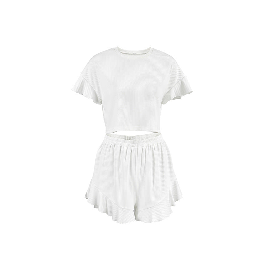 Dame afslappet rib sæt med voluminøse ærmer og frynset afslutninger Stilla