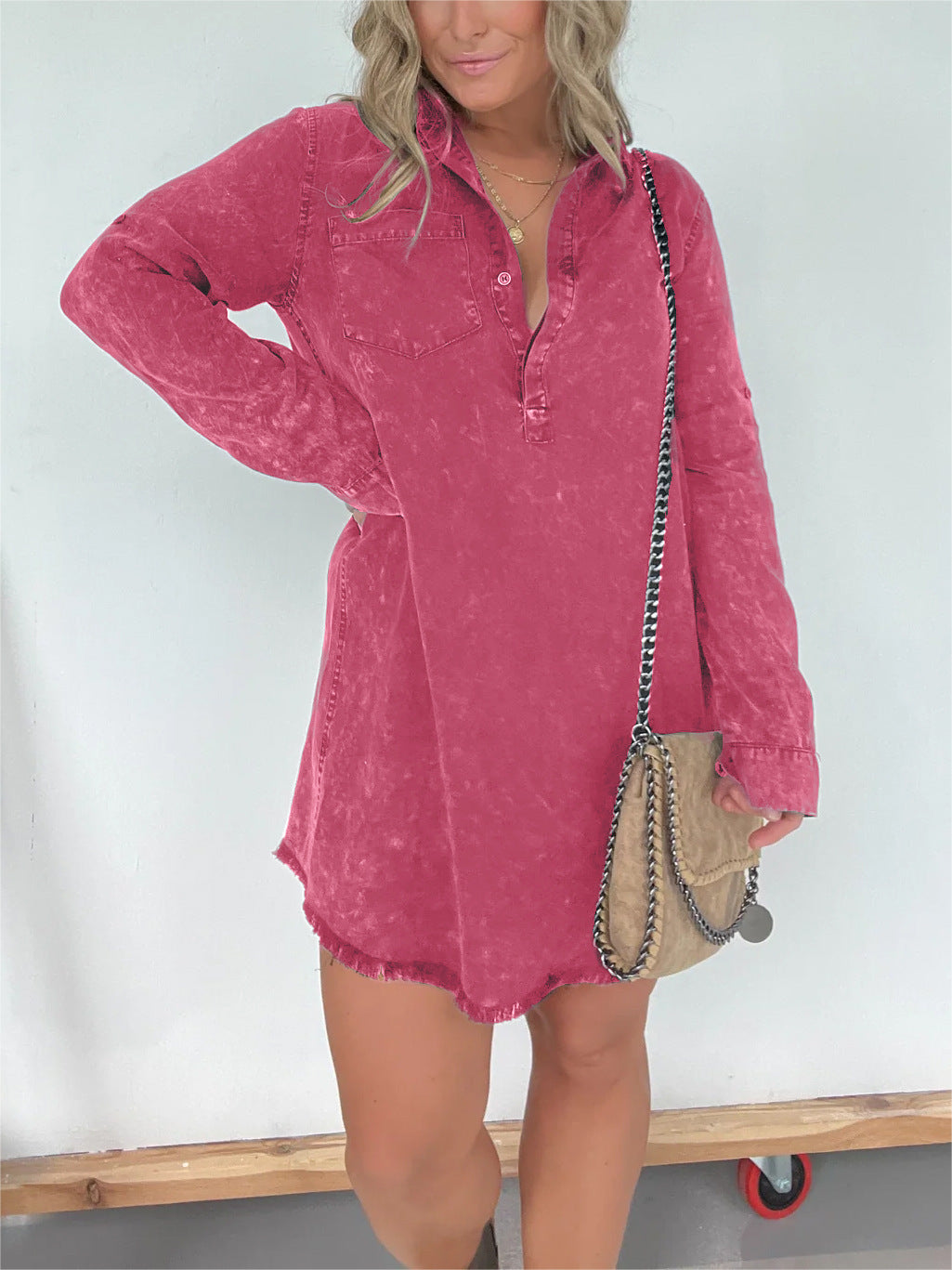 Dame Denim-langærmet kjole med struktureret fløjl-design og knapbar liste Stilla