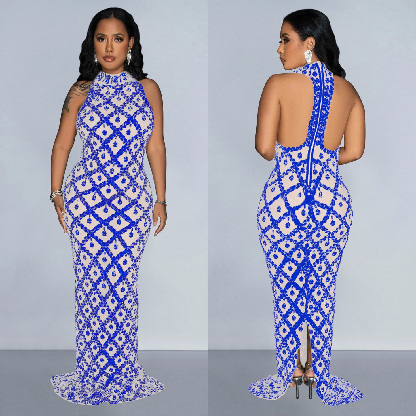 Dame Eksklusiv Maxi-Kjole med høj Krave og luksuriøst Rhinestones-Mønster Stilla