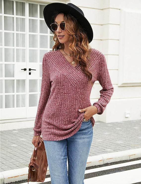 Dame pullover med struktureret ribdesign og V-hals Stilla
