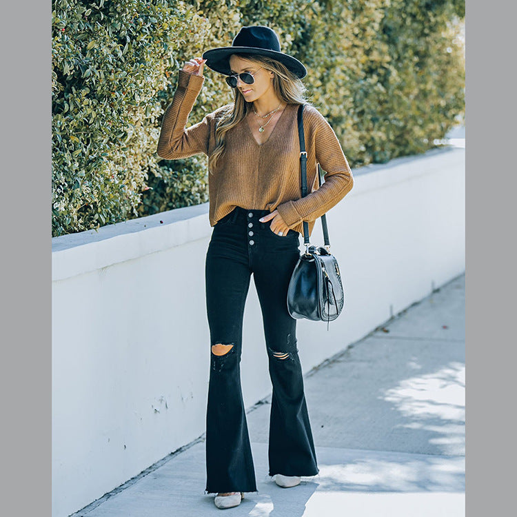 Dame Elegant Bootcut-Jeans med høje knapper og destroyed-detaljer Stilla