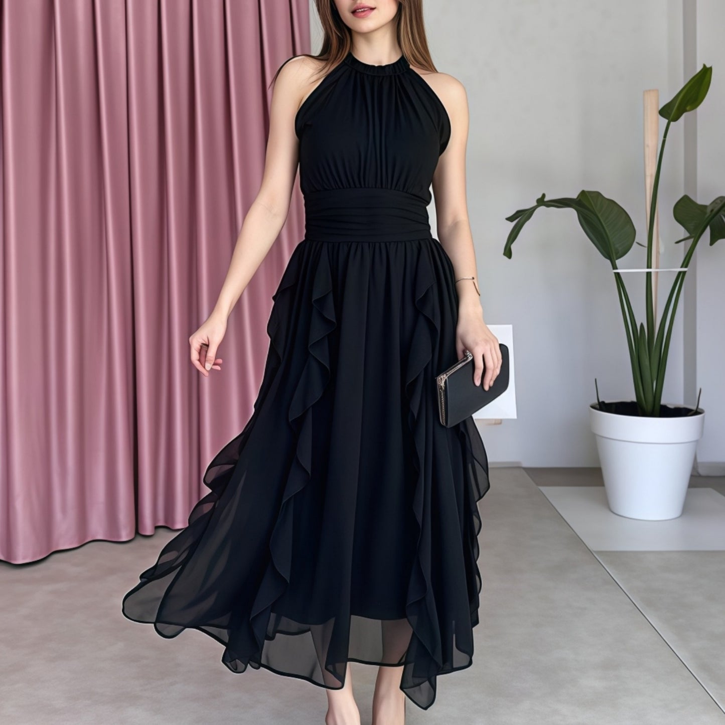 Dame elegant halværmet kjole med flæsedetaljer Stilla