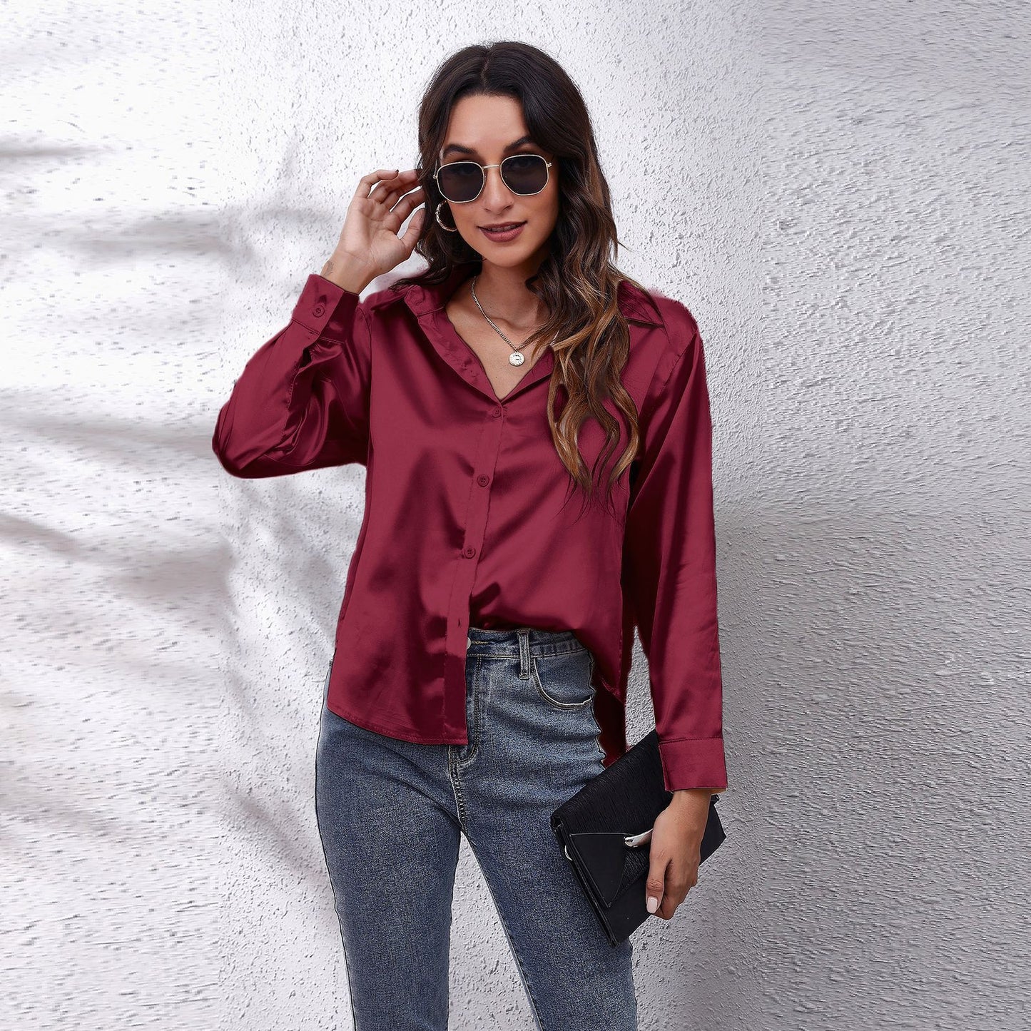Dame Satin Bluse med Knote Lukning Stilla