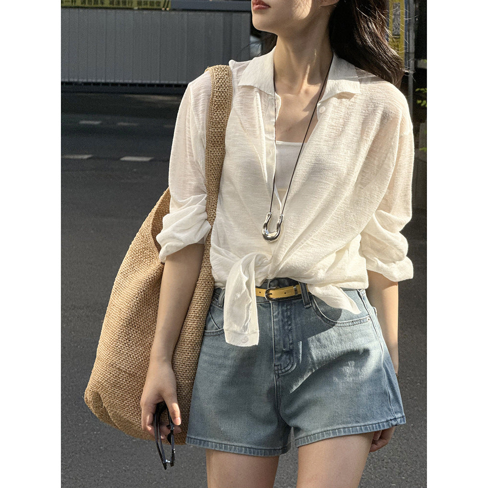 Dame afslappede højtaljede jeansshorts med farverig taljebælte Stilla