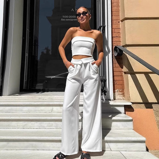Dame Crop-Top og brede Palazzo-bukser sæt med elegant design og praktiske lommer Stilla