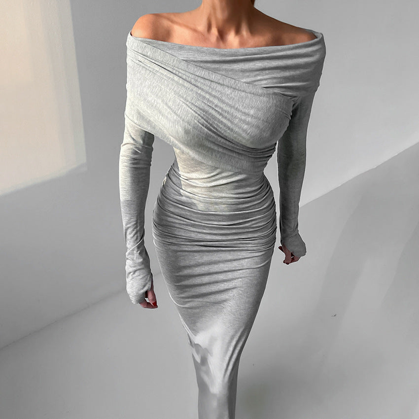 Dame Elegant Langærmet kjole med volangdetaljer og skulderfri design Stilla