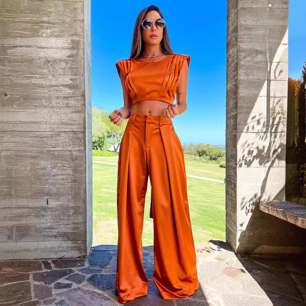 Dame Crop-Top og Vidde Bukser Sæt Stilla