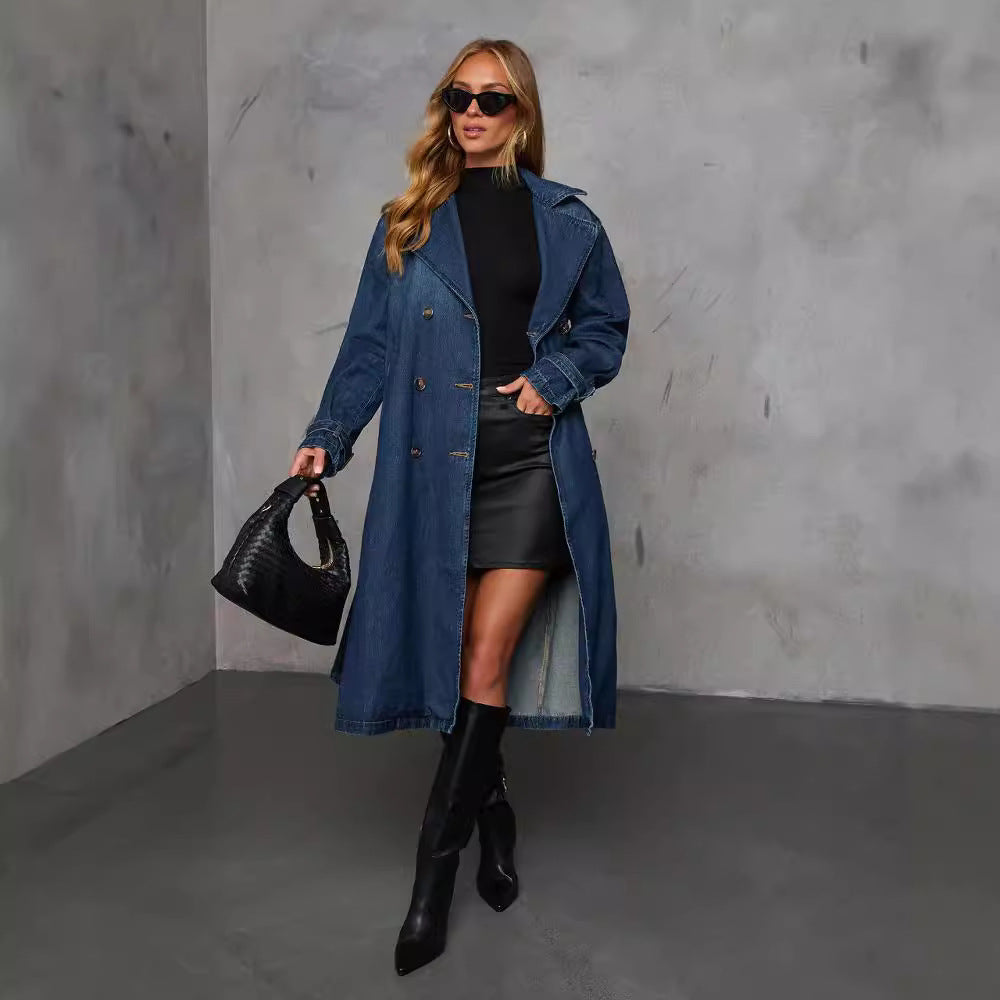 Dame Denim Trenchcoat med bælte og praktiske lommer Stilla