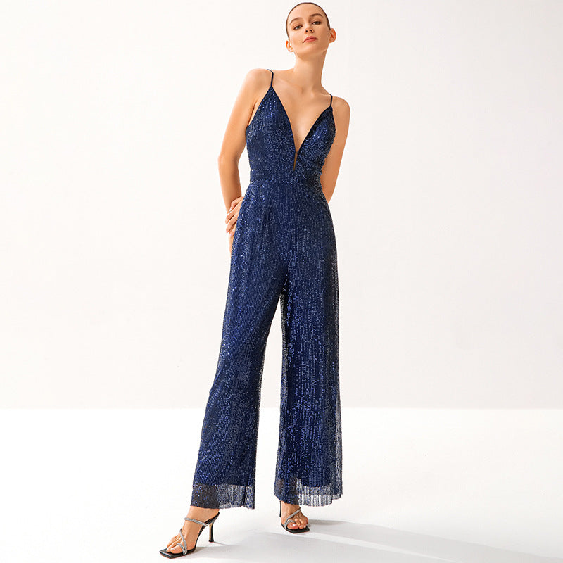 Dame Glamourøs Jumpsuit med funklende Pailletter og dyb V-udskæring Stilla