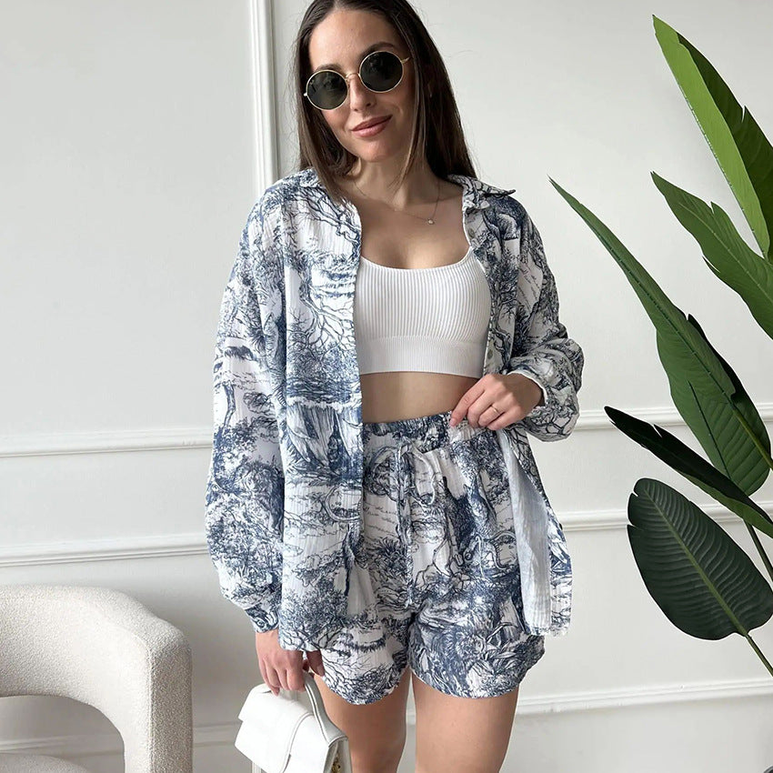 Dame afslappet kortærmet bluse- og shorts-sæt med ekstra overdel Stilla