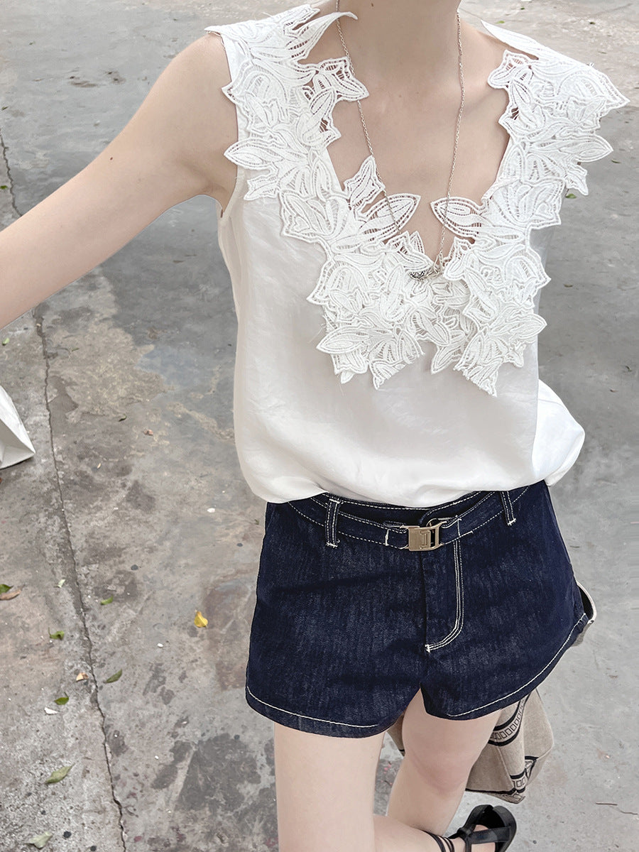 Dame denim-shorts med høj talje og bælt Stilla