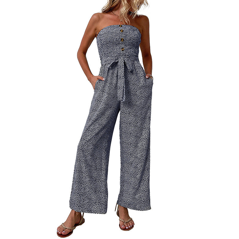 Dame Strapless Bredbenet Jumpsuit med Knapdetaljer Stilla