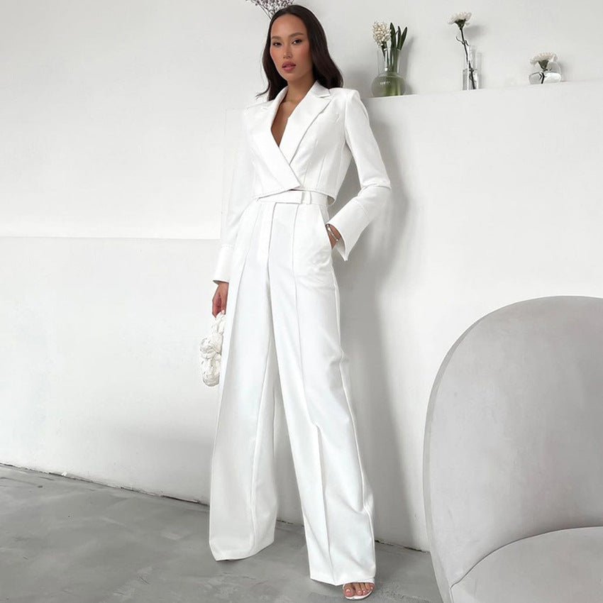 Dame Elegant jakkesæt med figursyet blazer og bredt bukseben Stilla