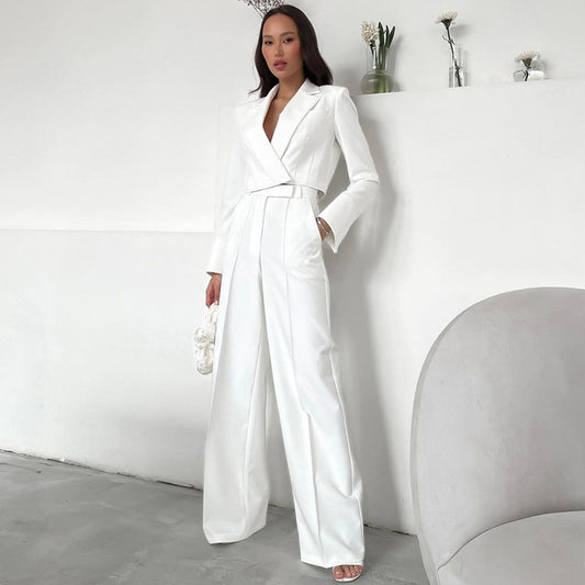 Dame Elegant jakkesæt med figursyet blazer og bredt bukseben Stilla