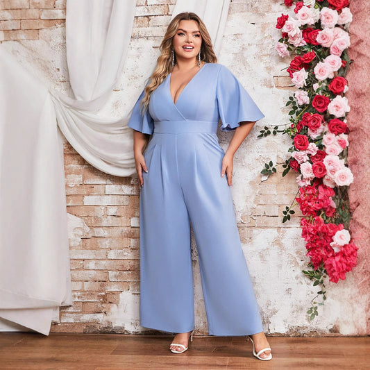 Dame elegant jumpsuit med let V-udskæring og voluminøse ærmer Stilla