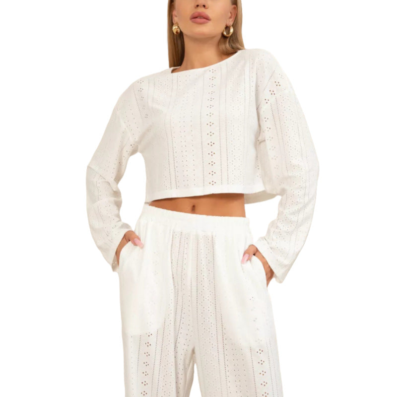 Dame let og stilfuld crop-top-bukse-sæt med filigran hulmønster Stilla