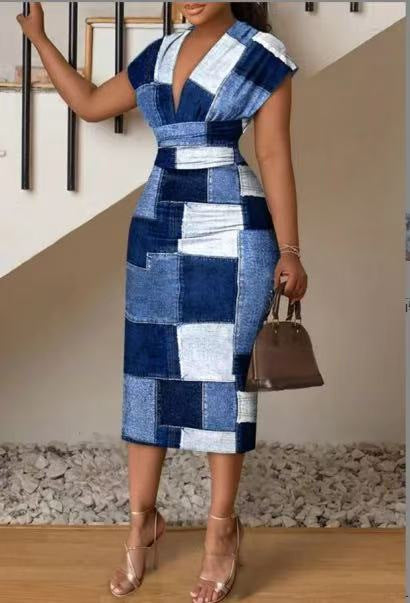 Dame Denim-Patchwork-Midi-Kjole Stilla