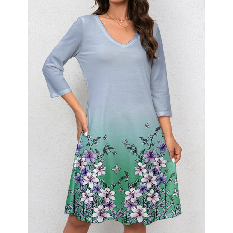 Dame A-linie kjole med blomstermotiv og praktiske lommer Stilla