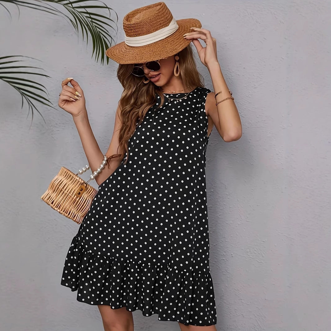 Dame afslappet kjole med volant og prikker Stilla