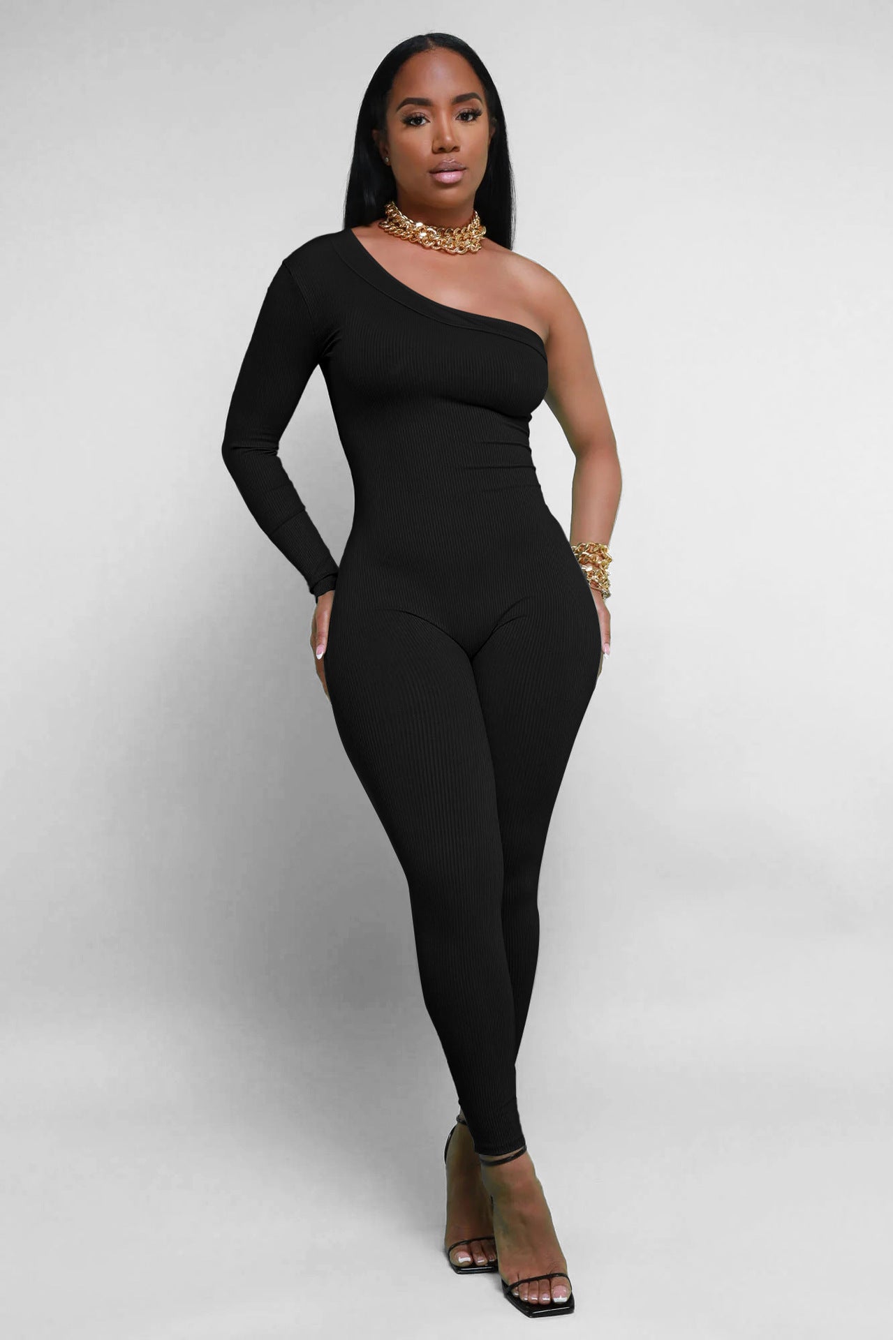 Dame Asymmetrisk Langærmet Jumpsuit i ribbet materiale Stilla