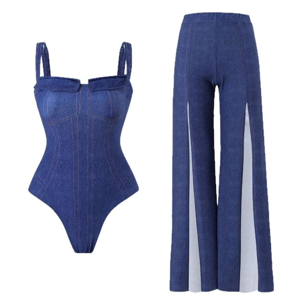 Dame Denim-kjole med bred bukseområde Stilla