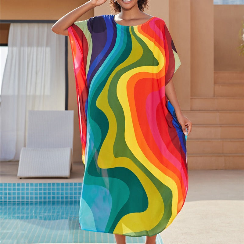 Dame afslappet strandfrakke med kunstnerisk grafisk mønster og generøs snit Stilla