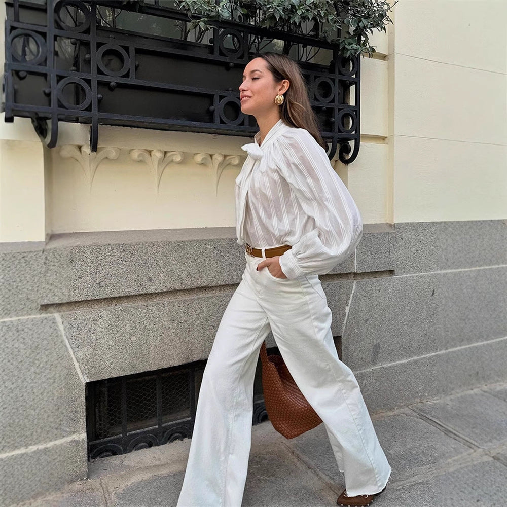 Dame elegant bluse med sløjfe-detalje og stribet design Stilla