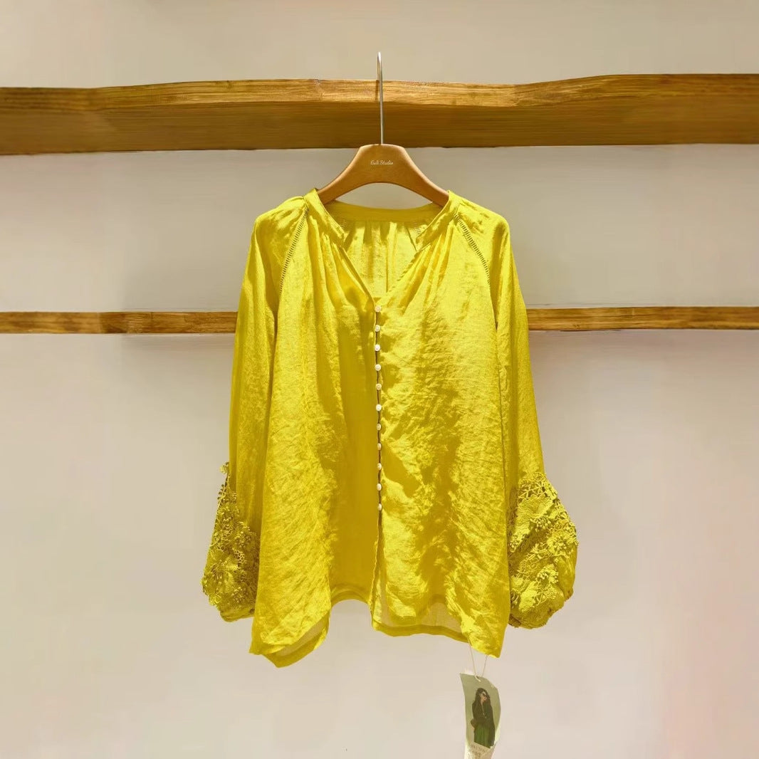 Dame Elegant Bluse med Blonder og Knapper Stilla